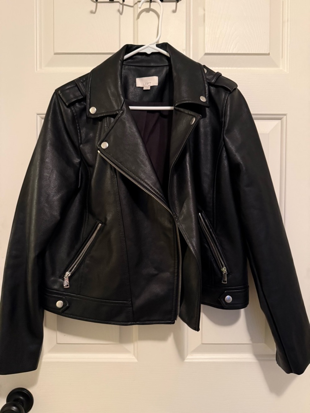 LOFT Black Faux Leather Moto Jacket with Silver Hardware